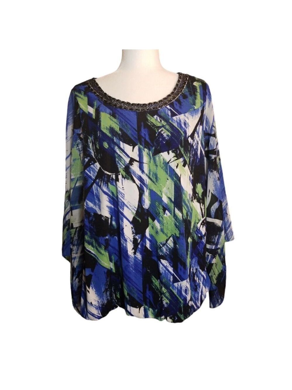 Alfani Geometric Top Blue Black Green Sheer Bell Sleeve Embellished Neckline 2X